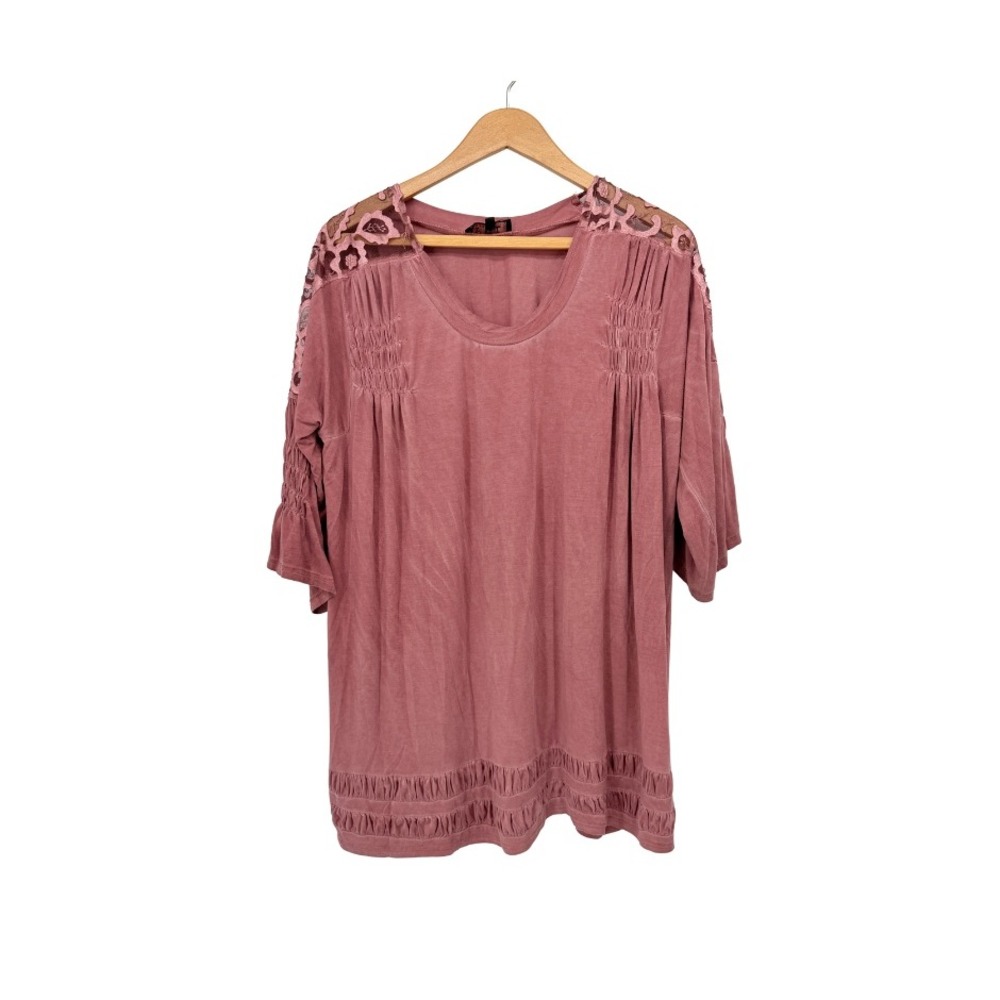 POL Tunic Top Lace Shoulder Smocked Detail Oversized Boho Chic Pink‎ SM**